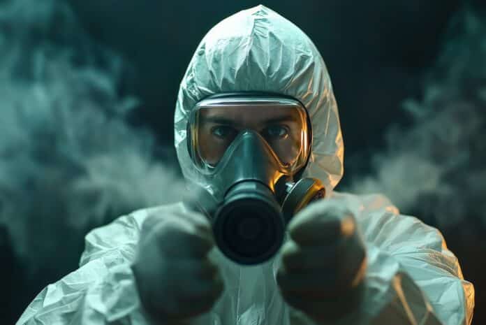 Pest control technician wearing a white protective suit and respirator mask, carefully spraying poisonous gas to eliminate pests, with the toxic fumes spreading in the air PIRETROIDI
