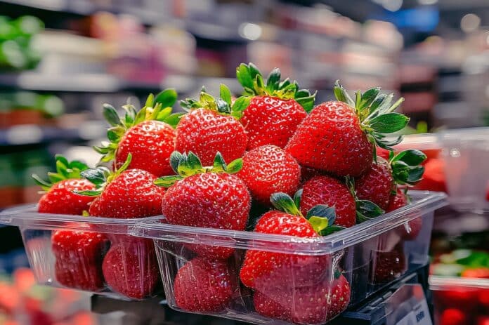 Inside a modern supermarket, a display of luxurious, perfectly ripe strawberries is showcased in clear, elegant packaging. fragole