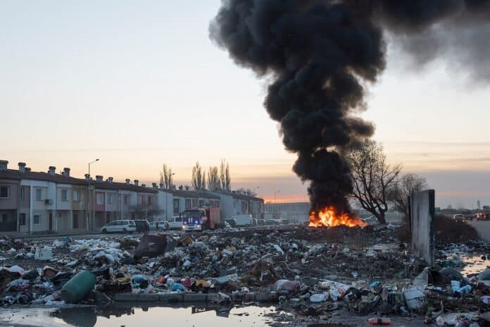 Black toxic smoke from burning garbage rises into the sky and pollutes the environment. Fire in a landfill at night. terra dei fuochi