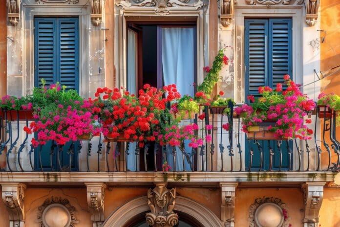 Old architecture in Rome. Italy. Beautiful balcony with flowers on the facade of the house. By -- BALCONI CONDOMINIO
