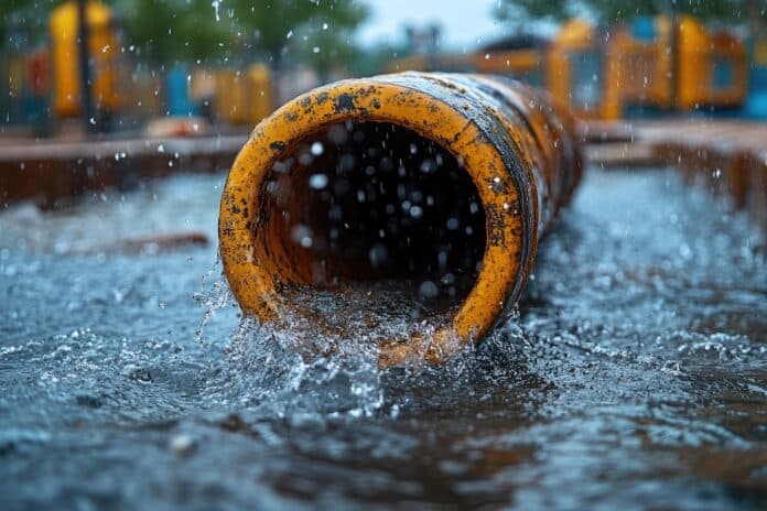 Water gushing out of an orange pipe submerged in water PERDITE D'ACQUA