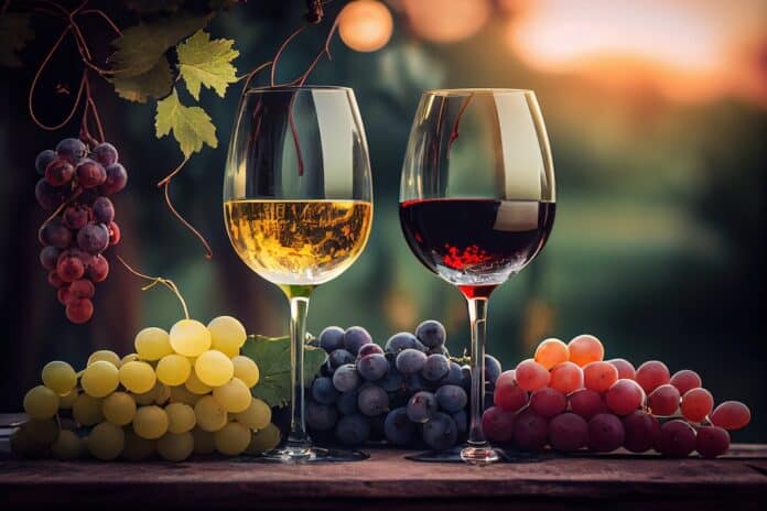 Generative AI illustration of Glasses of red and white wine and ripe grapes on table in blurred vineyard VINO