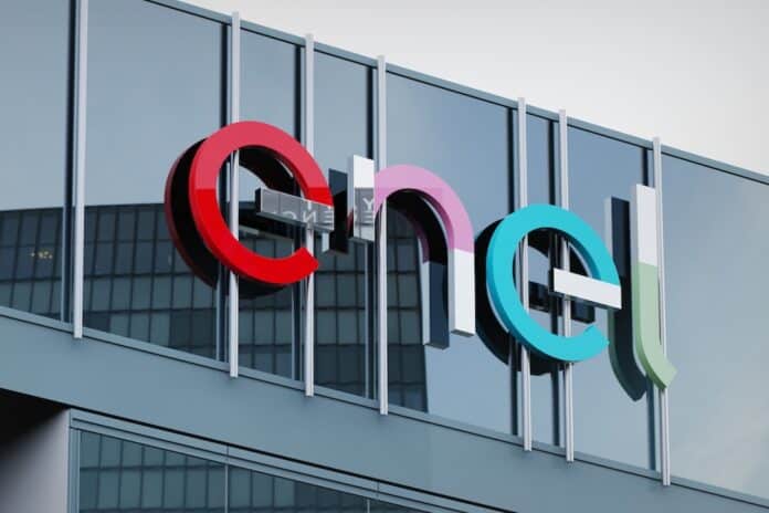 Vancouver, Canada - June 6, 2020 Enel only editorial Stock information on the logo of the office facade enel