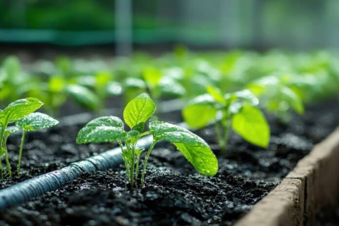 Young plants in a greenhouse. Healthy seedlings, vibrant green leaves, moist soil, and drip irrigation system 8-idrossicholina