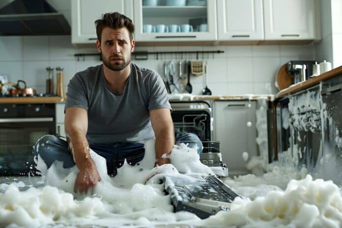Beautiful man sitting next to the broken dishwasher with foam coming out in the kitchen, looking worried. GARANZIA