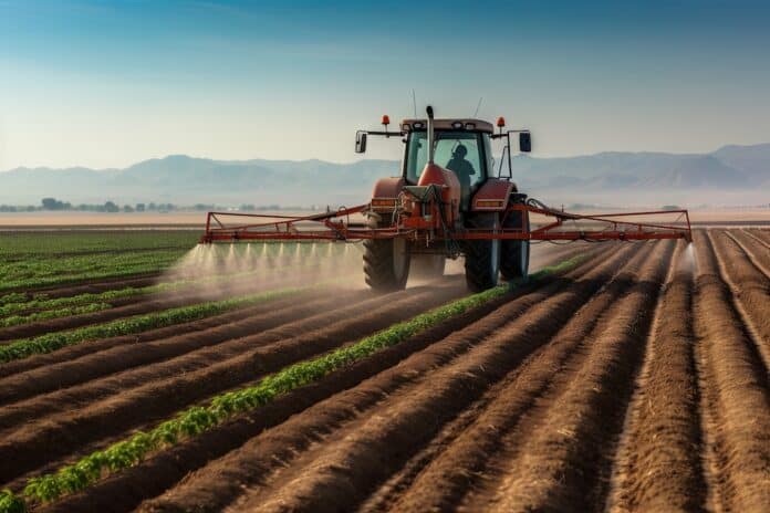A plantation field with a tractor and Glyphosate irrigation, chemical products in agriculture. Pesticides on plantantion field at sunset. Generative AI Technology. GLIFOSATO