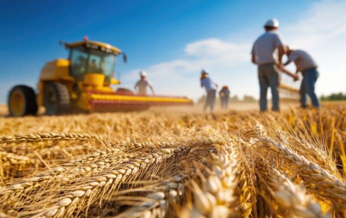 Agricultural workers harvesting wheat in sunlit field for autumn harvest ,Farmer's Day GRANO DURO