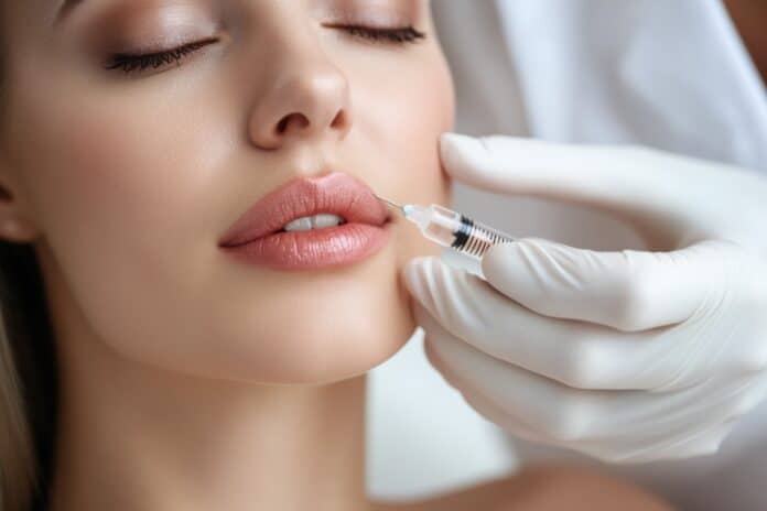 A skilled professional administers a hyaluronic acid injection to enhance the woman's lips and rejuvenate her skin. Generative AI ACIDO IALURONICO