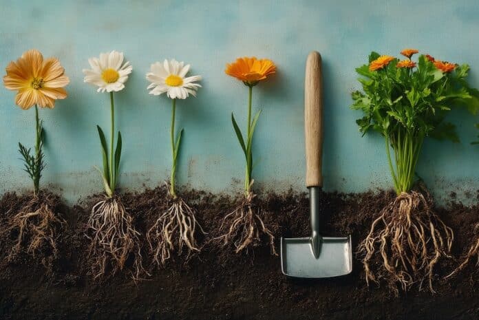 Colorful flowers planted in soil with gardening tools on display against a blue background TERRICCIO