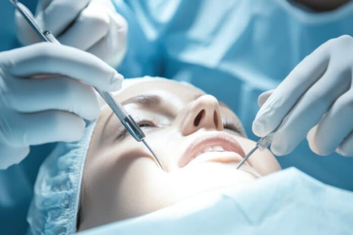 A detailed image of a surgeon performing a plastic surgery procedure in an operating room, with cosmetic surgery tools and surgical team, Cosmetic style chirurgia estetica