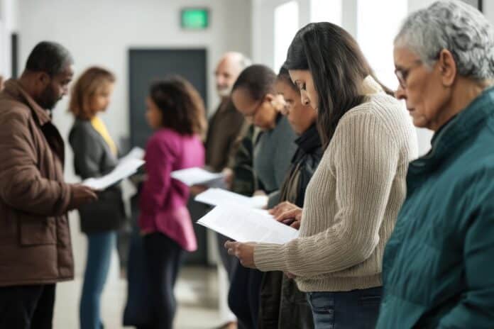 Unemployment line at a community center with individuals checking their paperwork. Featuring tension and hope naspi