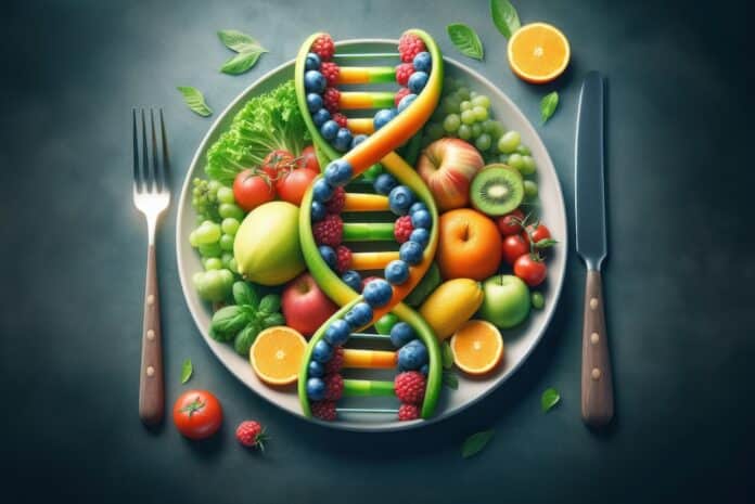 GMO food and Genetically modified crops or engineered agriculture concepts fruit and vegetables as a DNA strand OGM