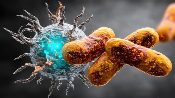 A white blood cell attacks rod-shaped bacteria in a microscopic, digitally rendered scene. ANTIBIOTICO-RESISTENZA