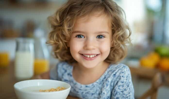 A little girl enjoying breakfast with cornflakes and milk at a sunny table CEREALI PRIMA COLAZIONE
