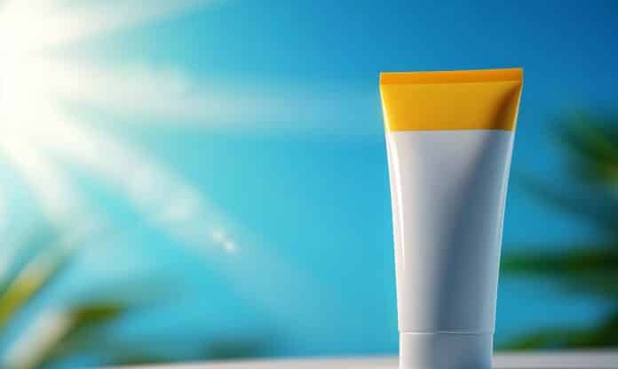 Stunning 3D close-up of a white cosmetic sunscreen tube with a yellow cap, set against a summer-inspired background with sunbeams and a blue sky gradient CREME SOLARI