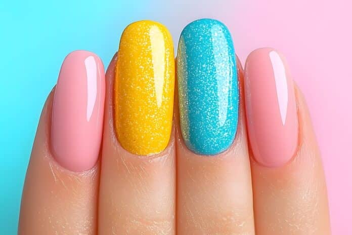 Closeup of Manicured Nails with Pink, Yellow, and Blue Polish and Glitter Accents SMALTI