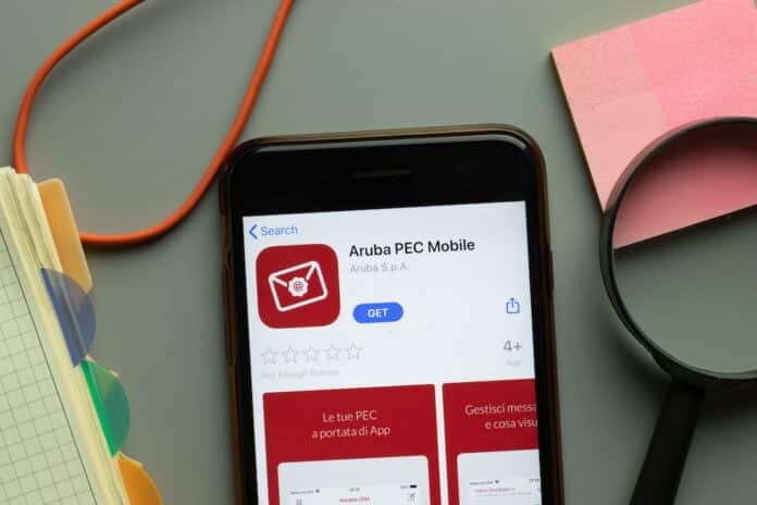 New York, USA - 1 December 2020: Aruba PEC mobile app icon on phone screen top view, Illustrative Editorial pec