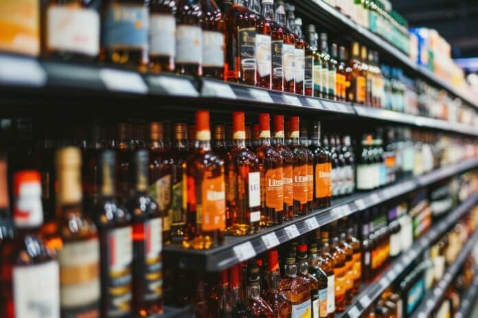 Rows of alcohol bottles on shelf in supermarket alcol