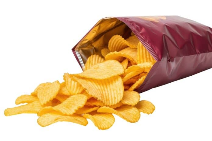 Isolated Open Bag of Wavy Potato Chips PATATINE ACRILAMMIDE