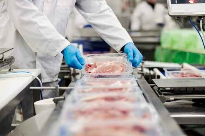 Hands of a meat factory worker gathering packed meat on a conveyor belt. carne
