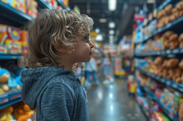 Imagine a lively toy store bustling with activity, shelves lined with rows of plush animals, action figures, and board games, while children eagerly explore the aisles, their faces