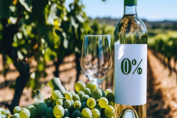 VINO SENZA ALCOL Zero-alcohol wine bottle and glass in vineyard VINO SENZA ALCOL