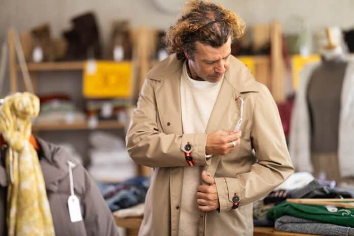 man chooses a beige trench coat pfas