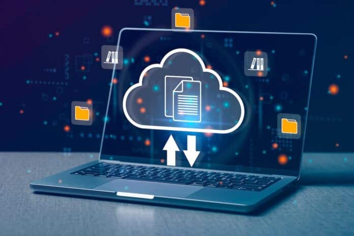 Computer laptop and dashboard for Data document Management System on cloud online documentation database and digital file storage system or software, records keeping, database technology, file access cloud