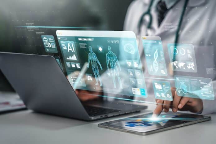 Doctor photo with hand icon. Medical technology. Doctor using AI technology to diagnose, care and improve accuracy of patient treatment in the future. Medical innovation for future health. Telemedicine concept. INTELIGENZA ARTIFICIALE SANITA'