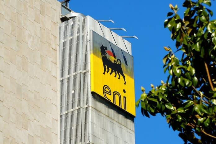 Logo of the Italian energy company ENI S.P.A. created in 1953 by Enrico Matte eni