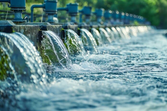 Water treatment plant releasing purified water into river pfas
