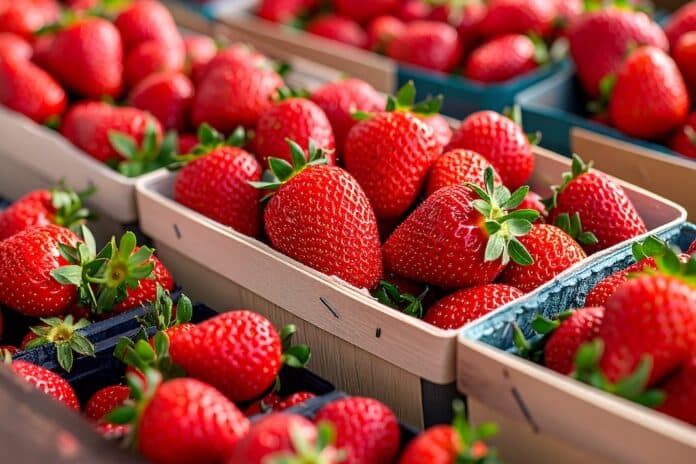 Fresh strawberries in wooden crates fragole