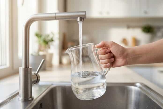 Woman hand holding a glass pitcher filling with fresh tap water pfas