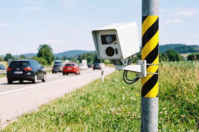 Traffic scene with multiple cars on a highway. A speed camera is mounted on a pole beside the road. Green grass and hills are visible in the background. autovelox