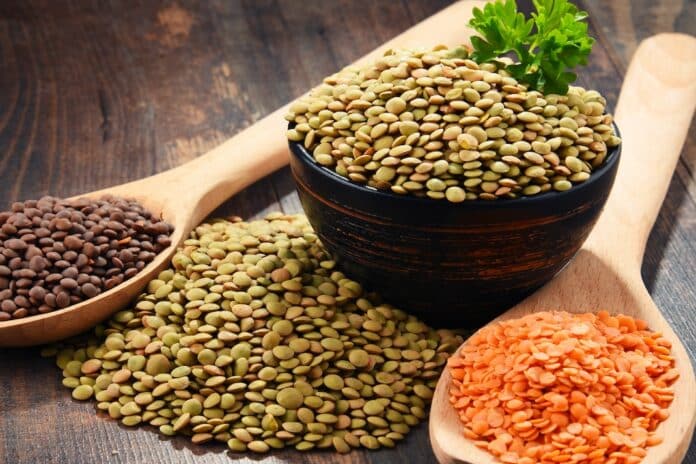 Composition with bowl of lentils on wooden table LENTICCHIE PARAQUAT