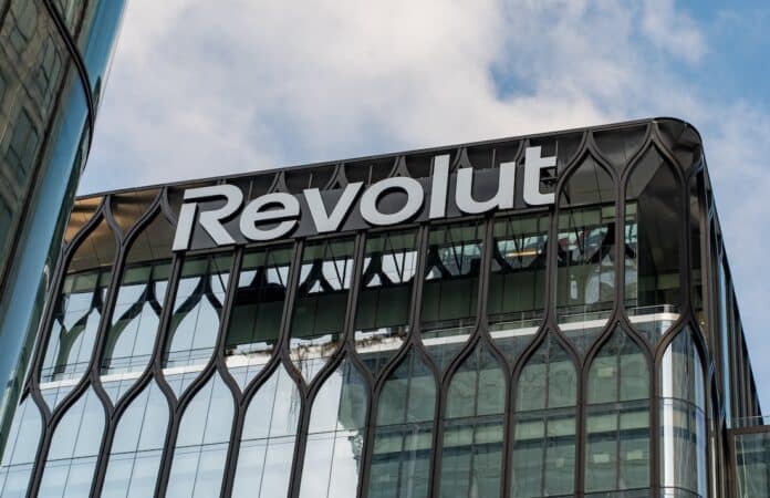 Revolut headquarters building facade, 24 April, Canary Wharf, London, UK Revolut