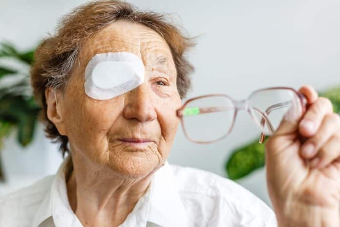 Elderly use eye shield covering after cataract surgery. cataratta