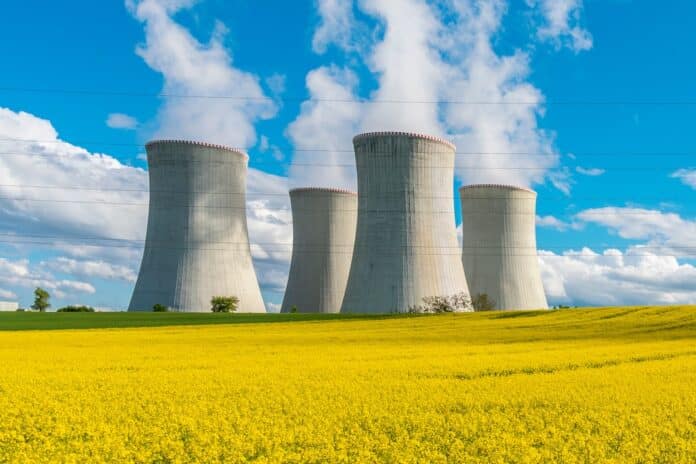Cooling towers of a nuclear power plant in beautiful summer landscape. Nuclear power station Dukovany. nucleare