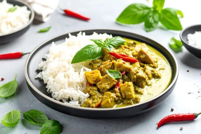 Delicious Thai Green Curry with Rice. CURRY