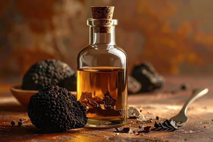 Black truffle oil and truffles on table. TARTUFO
