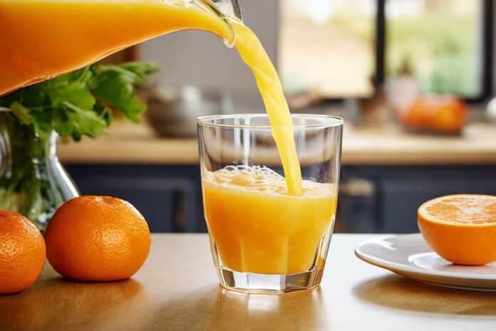 Pouring fresh orange juice into a glass with fresh fruits in background MULTIVITAMINICI SUCCHI
