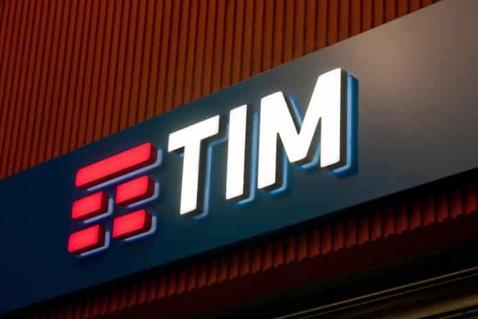 The logo of Tim, italian telecommunication company that provides telephone, mobile and internet services on a store sign TIM